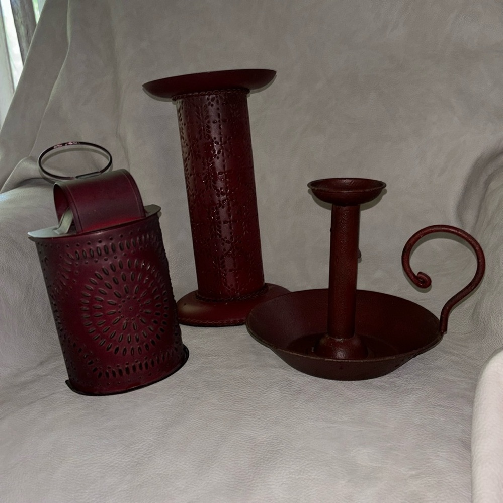 Vintage red decor. 3 pc. Courting candle, candle lamp, spool.